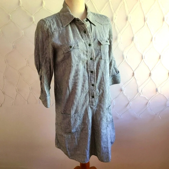 Denim Shirt Dress / Life Is Progress / Navy & Cream / Size Small - Picture 1 of 12